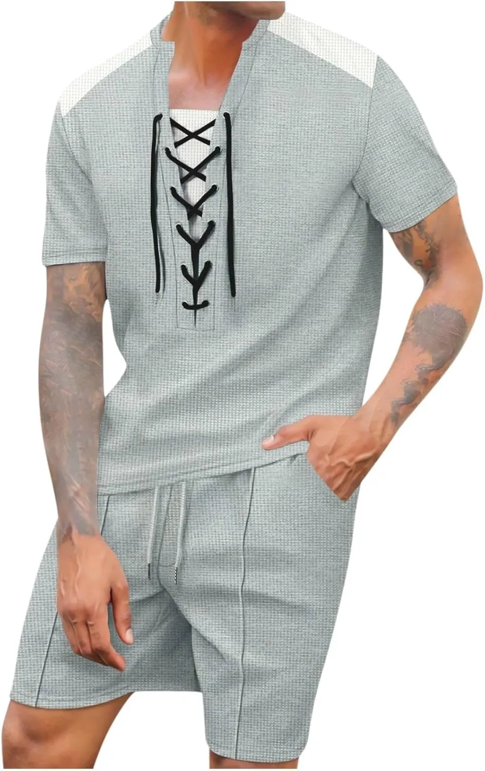 Mens Sets 2 Piece Outfits Summer Waffle Knit Tracksuit Short Sleeve Shirt Lace Up and Beach Shorts Drawstring Colorblock