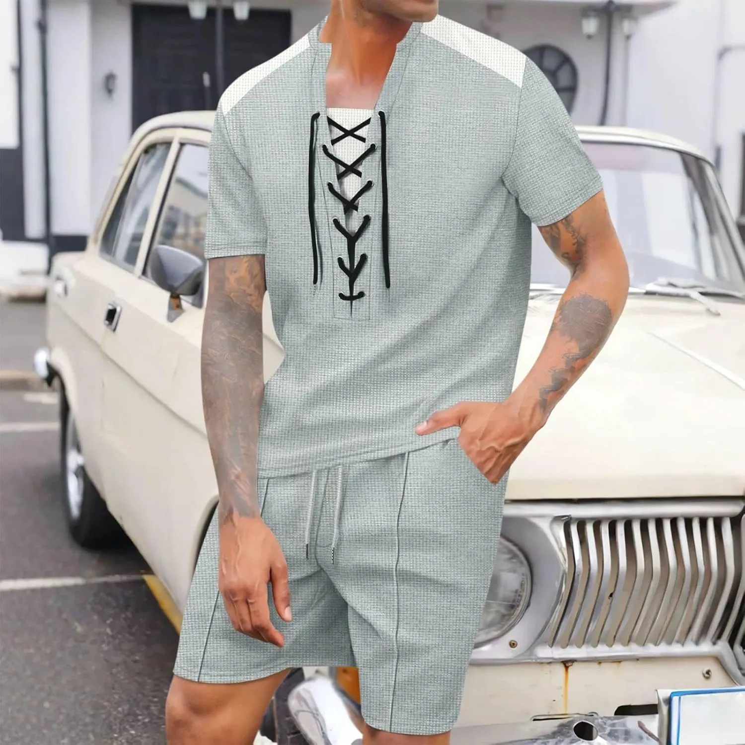 Mens Sets 2 Piece Outfits Summer Waffle Knit Tracksuit Short Sleeve Shirt Lace Up and Beach Shorts Drawstring Colorblock