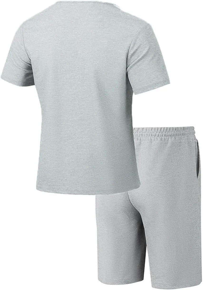 Mens Sets 2 Piece Outfits Summer Waffle Knit Tracksuit Short Sleeve Shirt Lace Up and Beach Shorts Drawstring Colorblock
