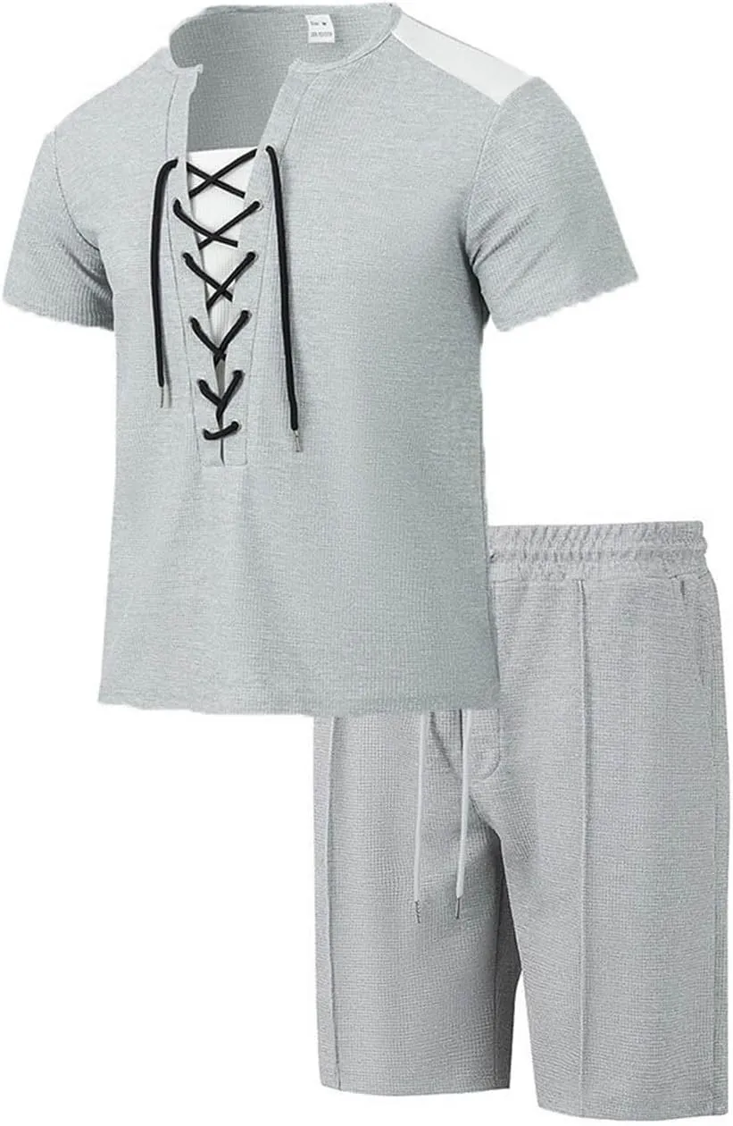 Mens Sets 2 Piece Outfits Summer Waffle Knit Tracksuit Short Sleeve Shirt Lace Up and Beach Shorts Drawstring Colorblock