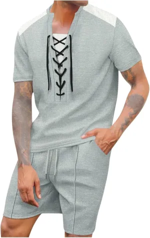 Mens Sets 2 Piece Outfits Summer Waffle Knit Tracksuit Short Sleeve Shirt Lace Up and Beach Shorts Drawstring Colorblock