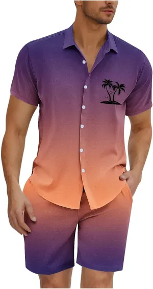 Mens Short Sets 2 Piece Beach Outfits Sleeve Graphic Tee Shirt Hawaiian Printed Drawstring Shorts Cotton Set