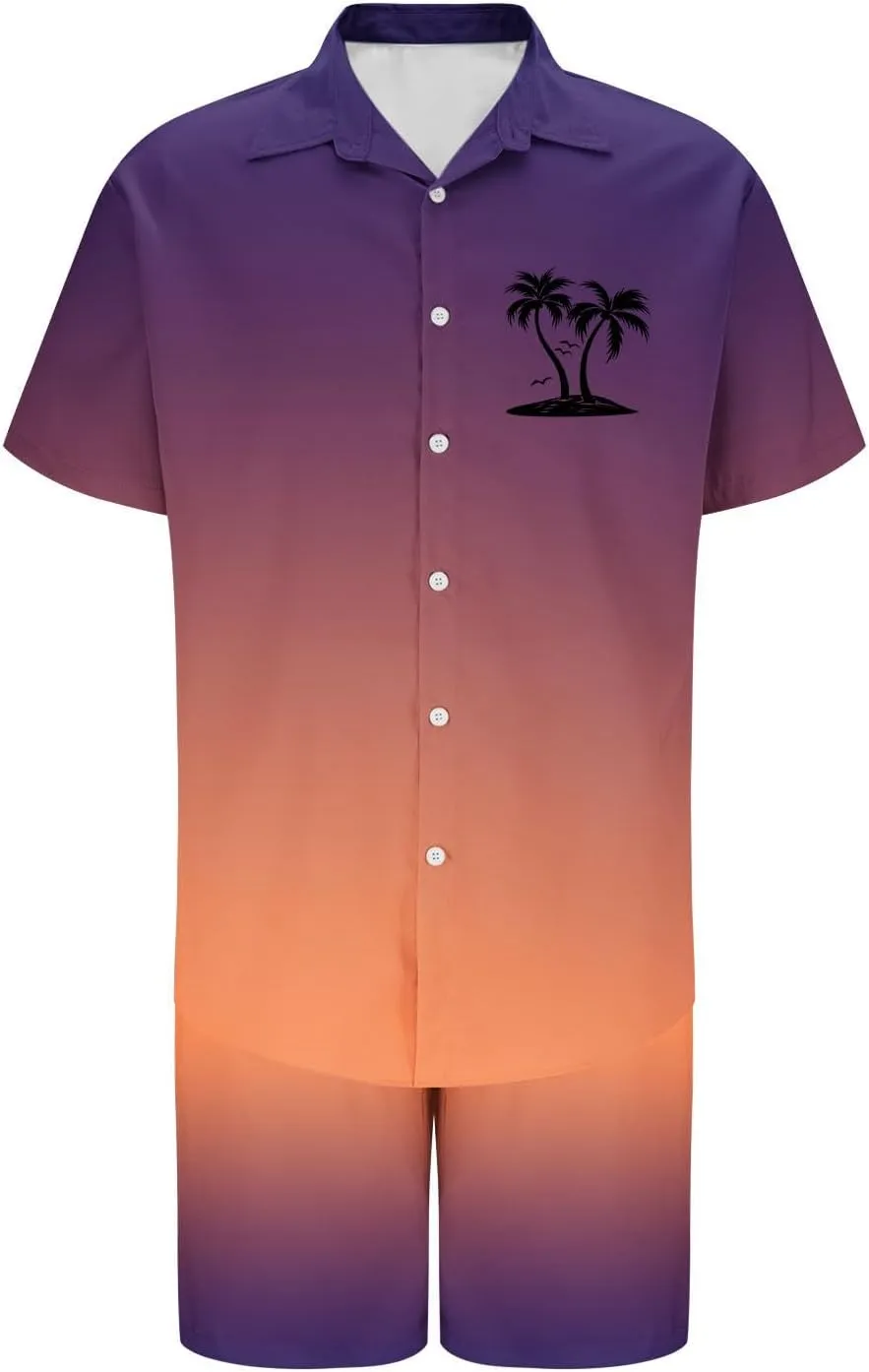 Mens Short Sets 2 Piece Beach Outfits Sleeve Graphic Tee Shirt Hawaiian Printed Drawstring Shorts Cotton Set