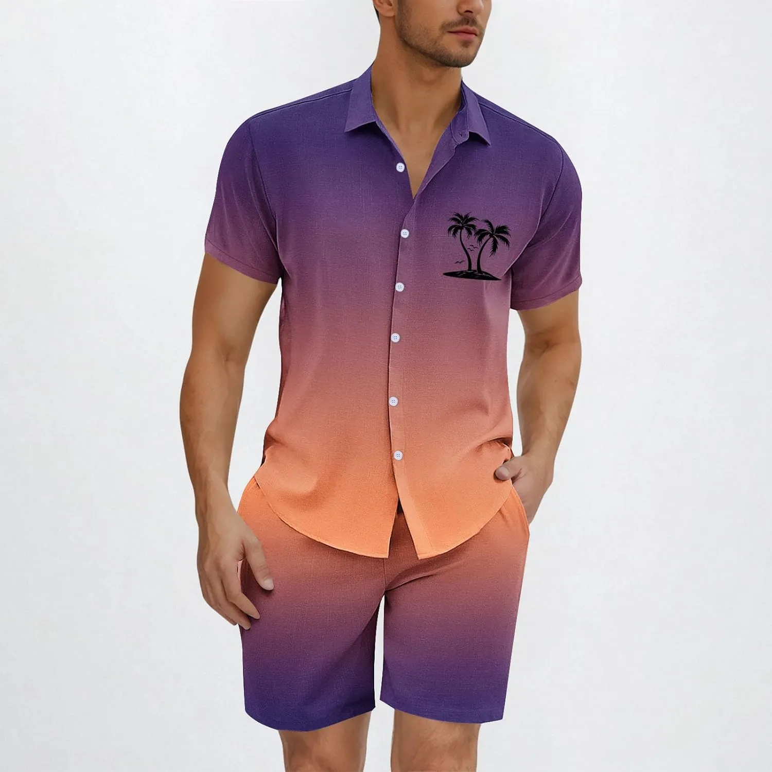 Mens Short Sets 2 Piece Beach Outfits Sleeve Graphic Tee Shirt Hawaiian Printed Drawstring Shorts Cotton Set