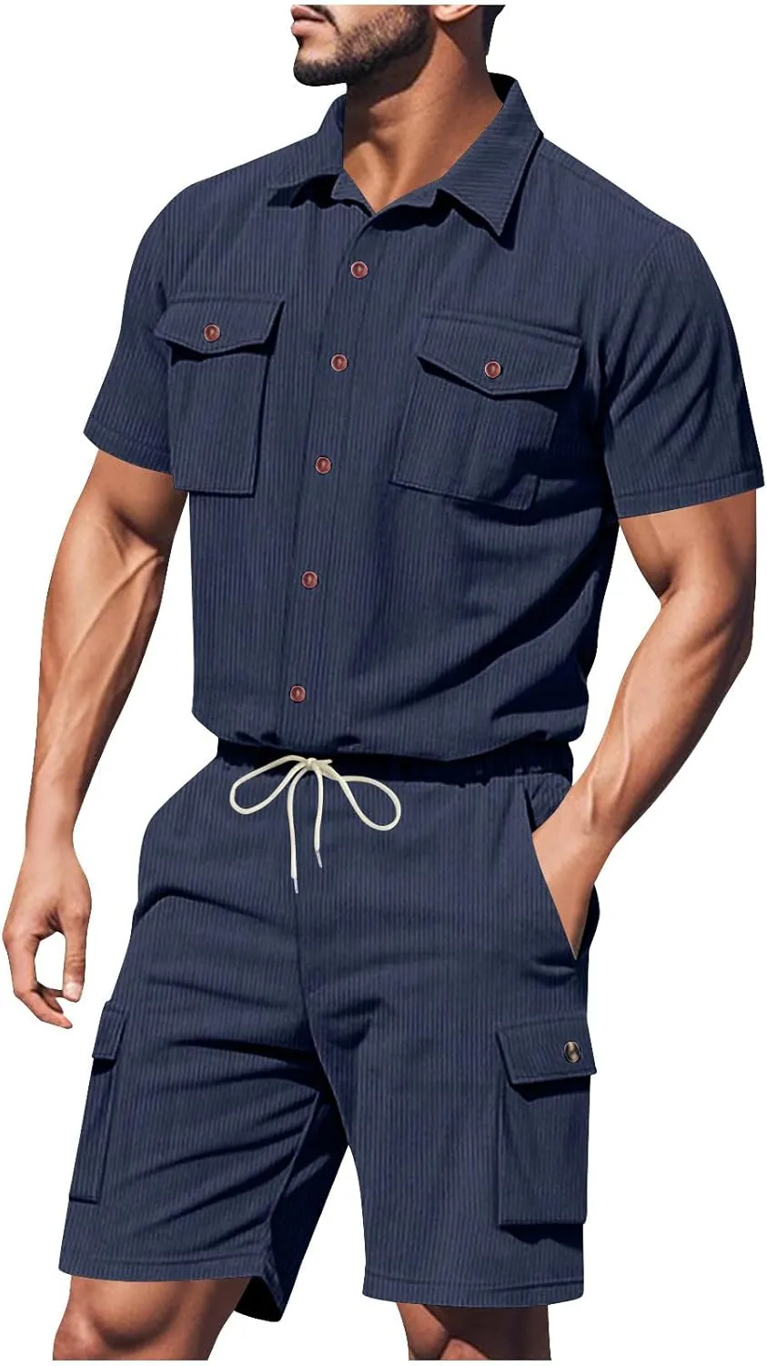 Mens Short Sets Trendy Corduroy Cargo Tracksuit 2 Piece Outfits Cargo Shirts and Shorts Sweatsuit Outdoor Sportwear