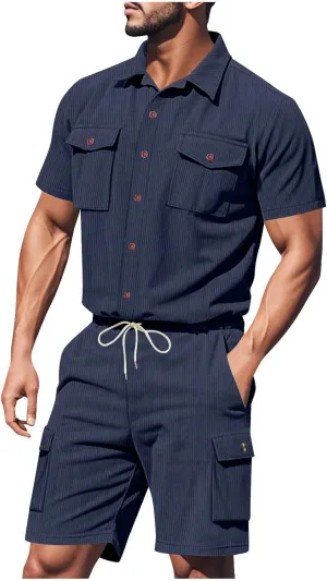 Mens Short Sets Trendy Corduroy Cargo Tracksuit 2 Piece Outfits Cargo Shirts and Shorts Sweatsuit Outdoor Sportwear