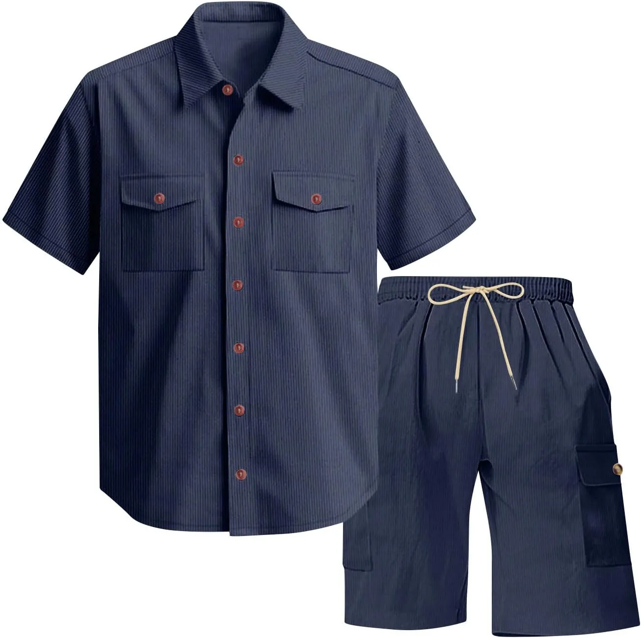 Mens Short Sets Trendy Corduroy Cargo Tracksuit 2 Piece Outfits Cargo Shirts and Shorts Sweatsuit Outdoor Sportwear