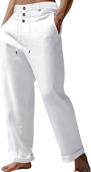 Mens Summer Beach Linen Pants Drawstring Elastic Waist Button Down Casual Trousers Lightweight Loose Fit Yoga Pants