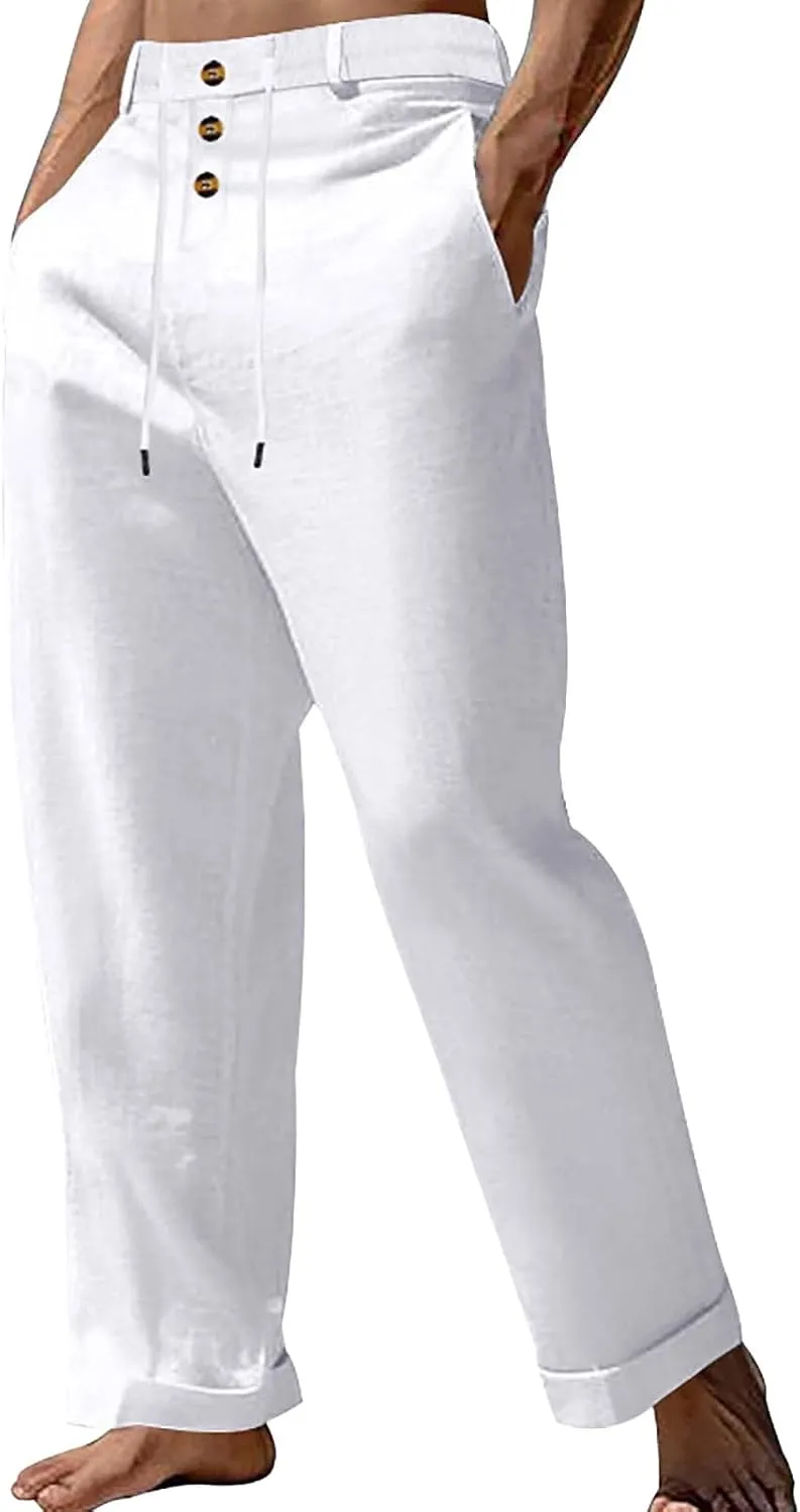 Mens Summer Beach Linen Pants Drawstring Elastic Waist Button Down Casual Trousers Lightweight Loose Fit Yoga Pants