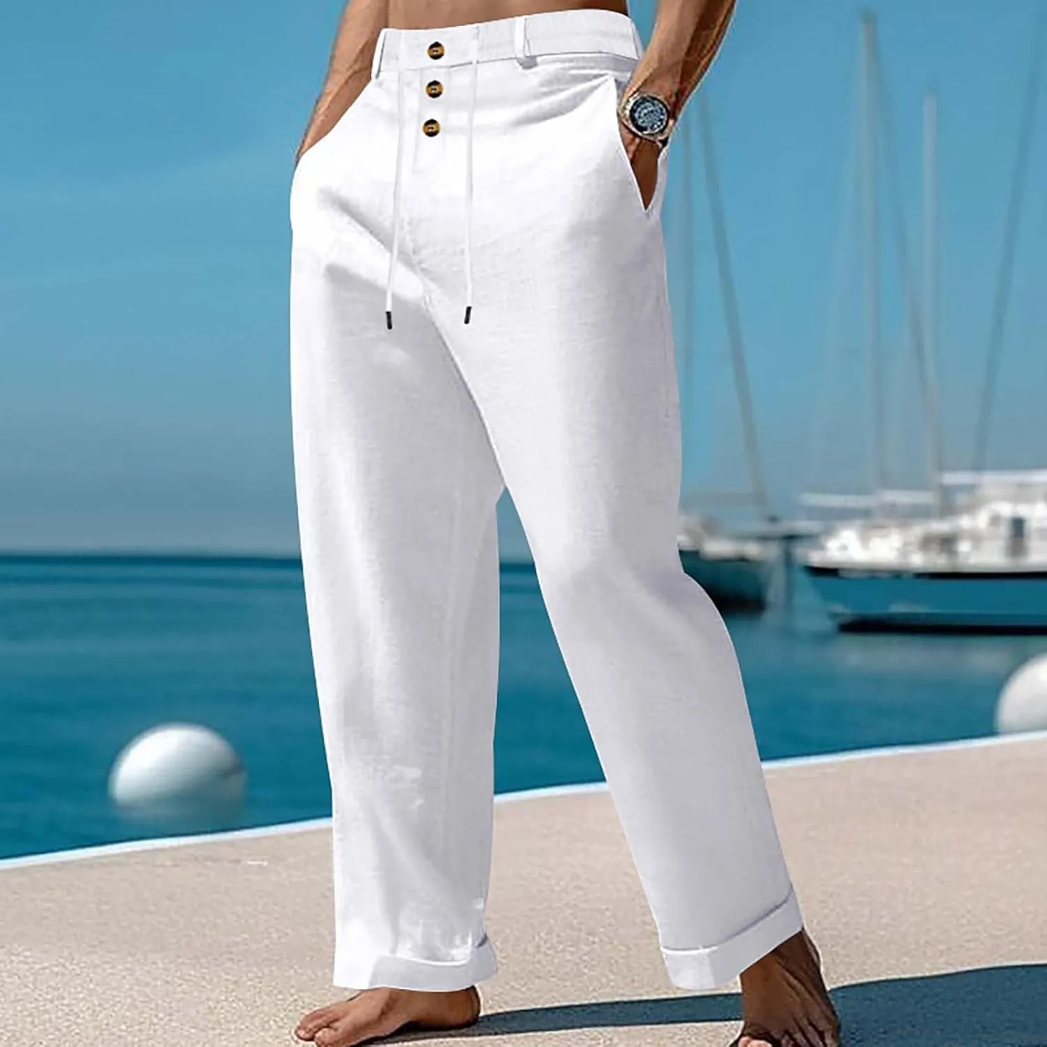 Mens Summer Beach Linen Pants Drawstring Elastic Waist Button Down Casual Trousers Lightweight Loose Fit Yoga Pants