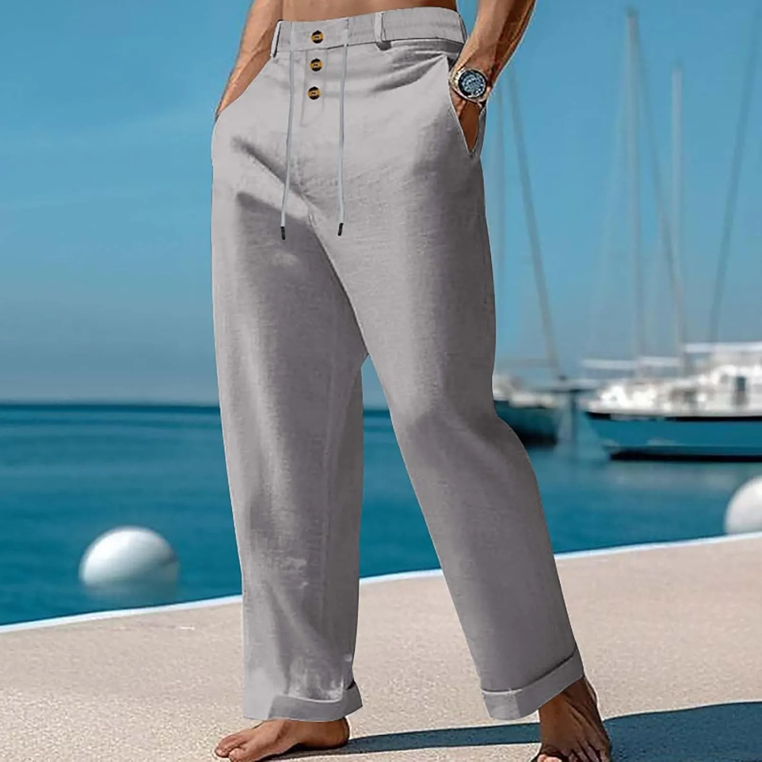 Mens Summer Beach Linen Pants Drawstring Elastic Waist Button Down Casual Trousers Lightweight Loose Fit Yoga Pants