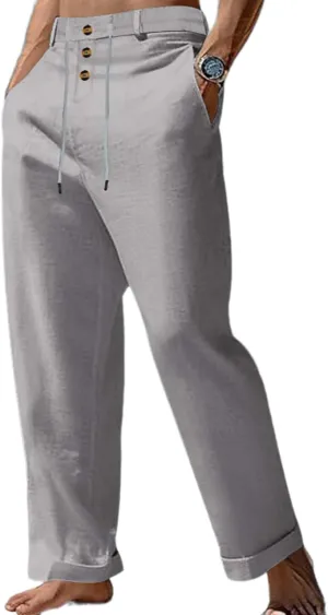 Mens Summer Beach Linen Pants Drawstring Elastic Waist Button Down Casual Trousers Lightweight Loose Fit Yoga Pants