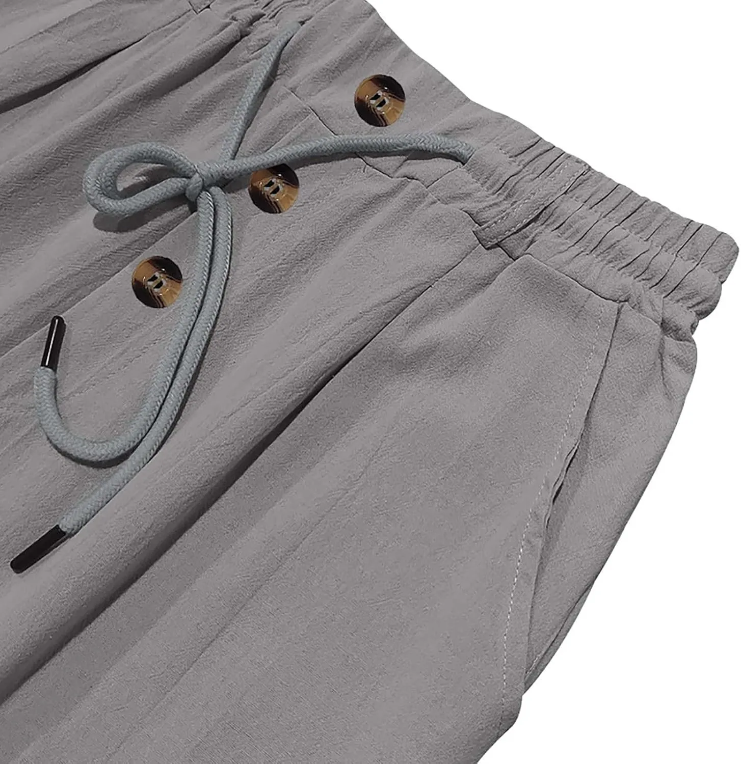 Mens Summer Beach Linen Pants Drawstring Elastic Waist Button Down Casual Trousers Lightweight Loose Fit Yoga Pants