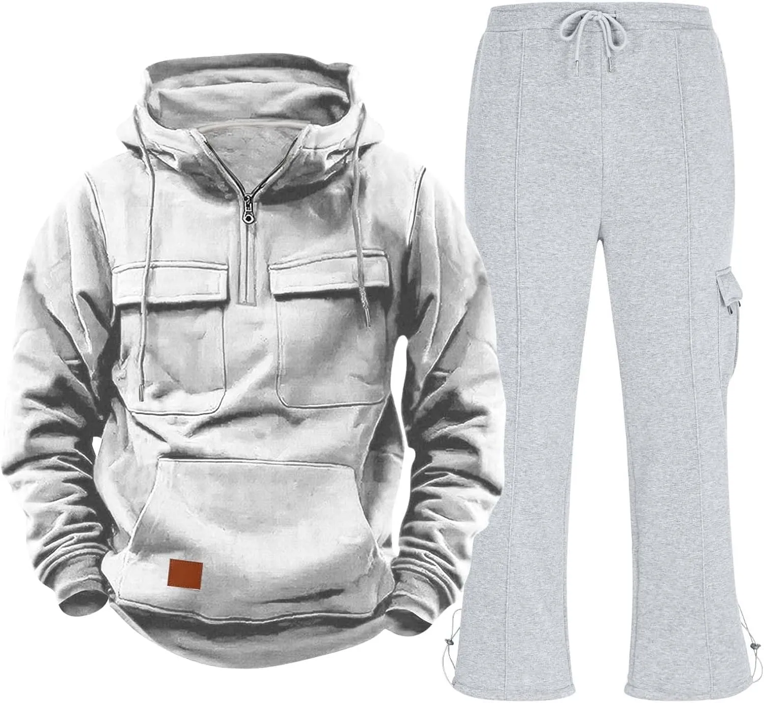 Mens Sweatsuit 2 Piece Quarter Zip Long Sleeve Tactical Hooded Drawstring Pullover Straight Leg Trousers with Pockets
