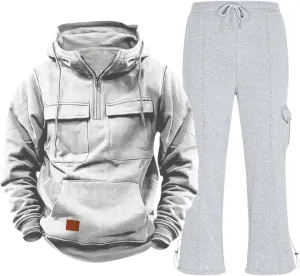 Mens Sweatsuit 2 Piece Quarter Zip Long Sleeve Tactical Hooded Drawstring Pullover Straight Leg Trousers with Pockets