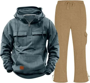 Mens Sweatsuit 2 Piece Quarter Zip Long Sleeve Tactical Hooded Drawstring Pullover Straight Leg Trousers with Pockets