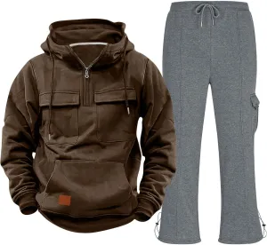 Mens Sweatsuit 2 Piece Quarter Zip Long Sleeve Tactical Hooded Drawstring Pullover Straight Leg Trousers with Pockets