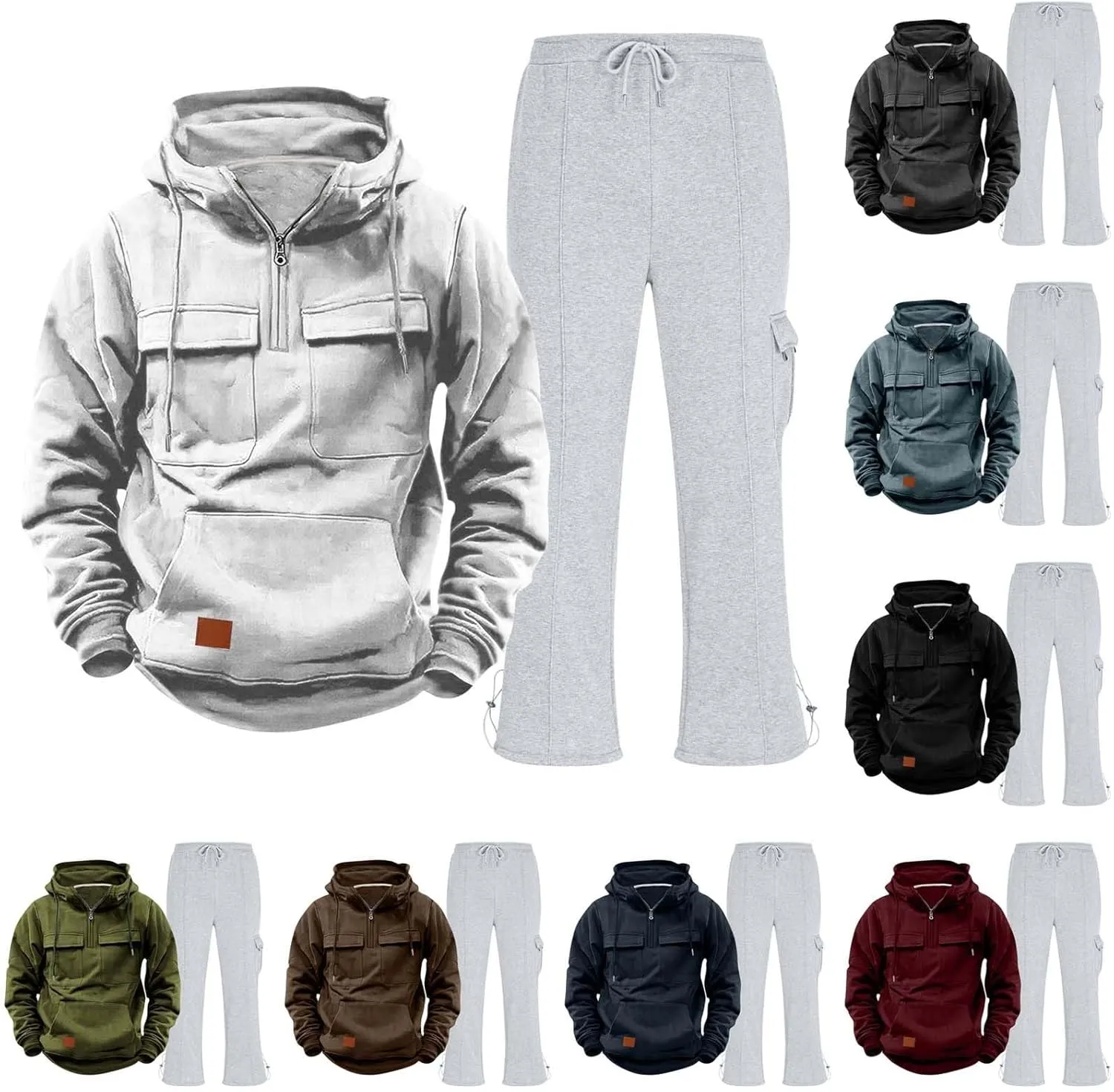Mens Sweatsuit 2 Piece Quarter Zip Long Sleeve Tactical Hooded Drawstring Pullover Straight Leg Trousers with Pockets