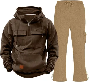 Mens Sweatsuit 2 Piece Quarter Zip Pocket Long Sleeve Hoodies Straight Leg Trousers Tactical Training Sport Clothes