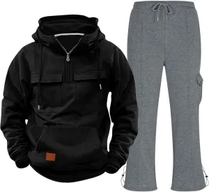 Mens Sweatsuit 2 Piece Quarter Zip Pocket Long Sleeve Hoodies Straight Leg Trousers Tactical Training Sport Clothes