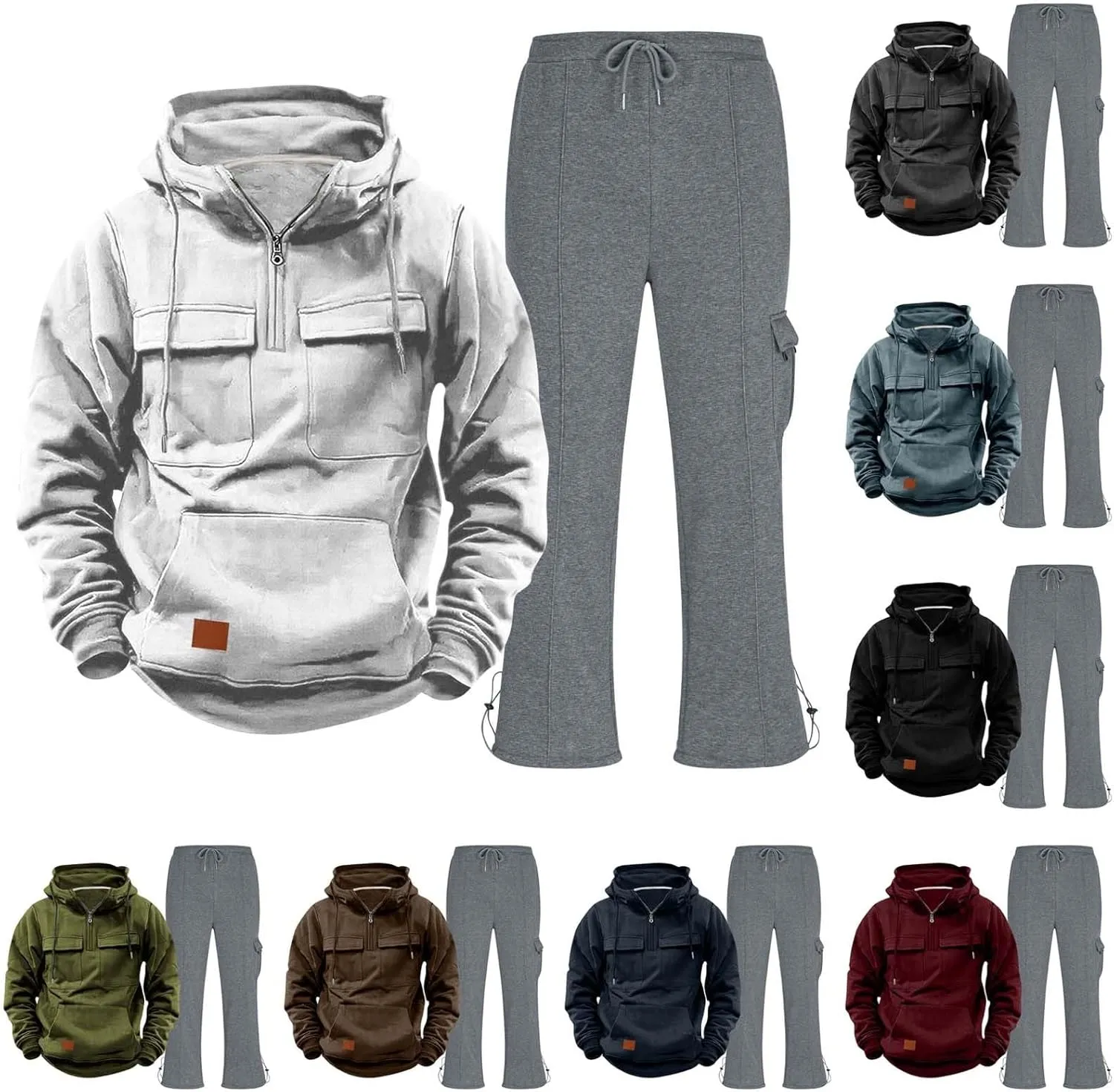 Mens Sweatsuit 2 Piece Quarter Zip Pocket Long Sleeve Hoodies Straight Leg Trousers Tactical Training Sport Clothes