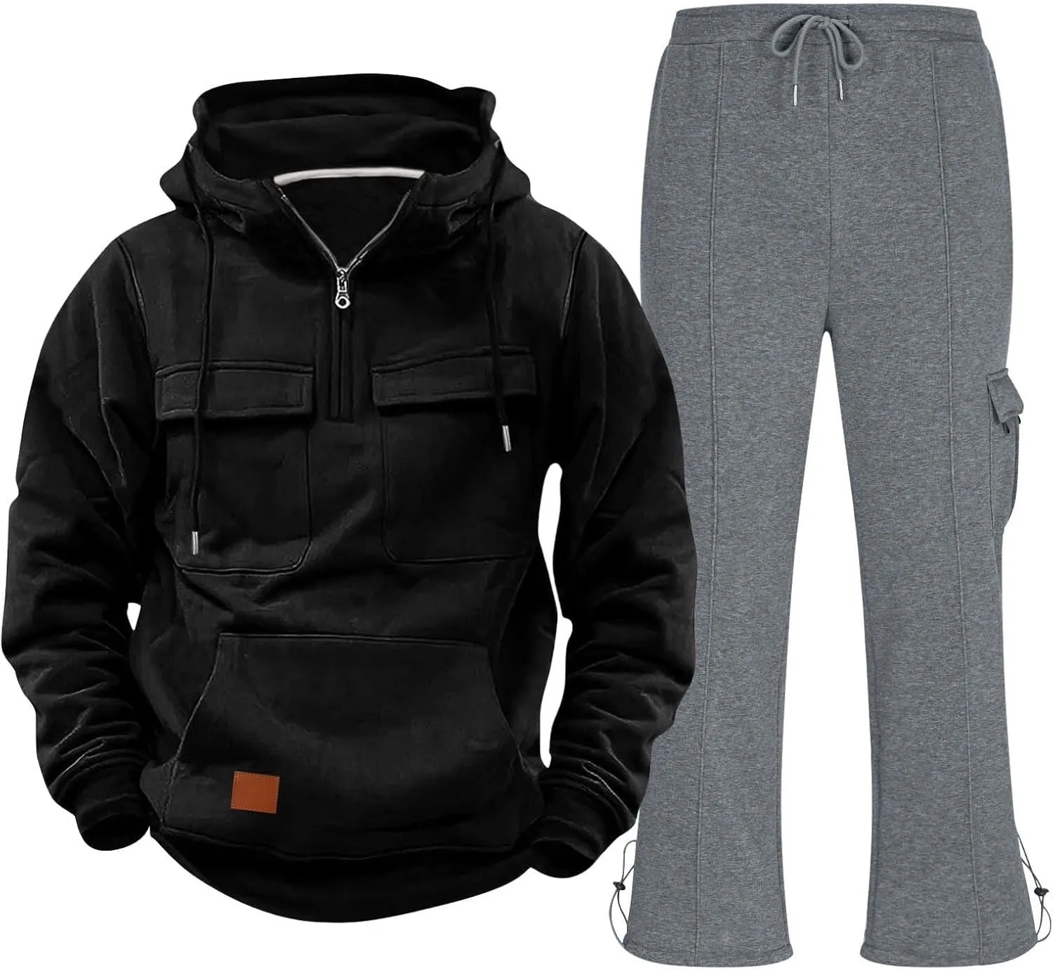 Mens Sweatsuit 2 Piece Quarter Zip Pocket Long Sleeve Hoodies Straight Leg Trousers Tactical Training Sport Clothes