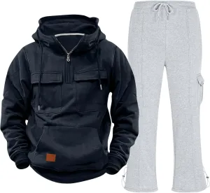 Mens Sweatsuit 2 Piece Quarter Zip Pocket Long Sleeve Hoodies Straight Leg Trousers Tactical Training Sport Clothes