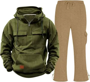 Mens Sweatsuit 2 Piece Quarter Zip Pocket Long Sleeve Hoodies Straight Leg Trousers Tactical Training Sport Clothes