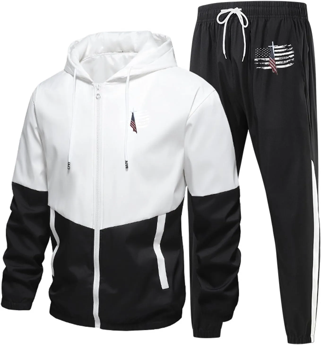 Mens Sweatsuits 2 Piece Set Casual Flag Graphic Zipper Hooded Coat Sweatpants Light Breathable Sport Workout Outfits