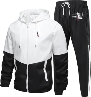 Mens Sweatsuits 2 Piece Set Casual Flag Graphic Zipper Hooded Coat Sweatpants Light Breathable Sport Workout Outfits