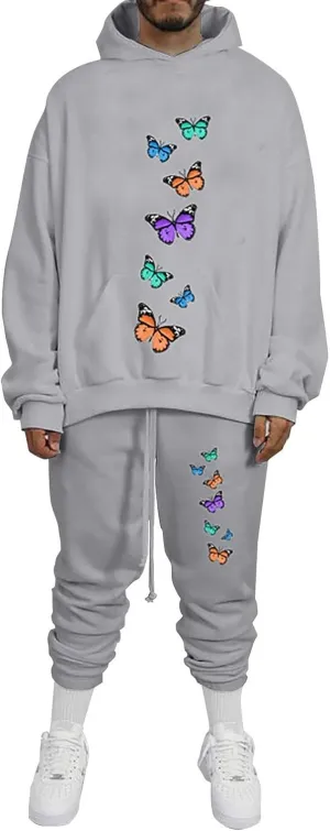 Men's Sweatsuits Butterfly Printed Long Sleeve Oversized Hooded Sweatshirt Tapered Bound Feet Pants Casual Streetwear
