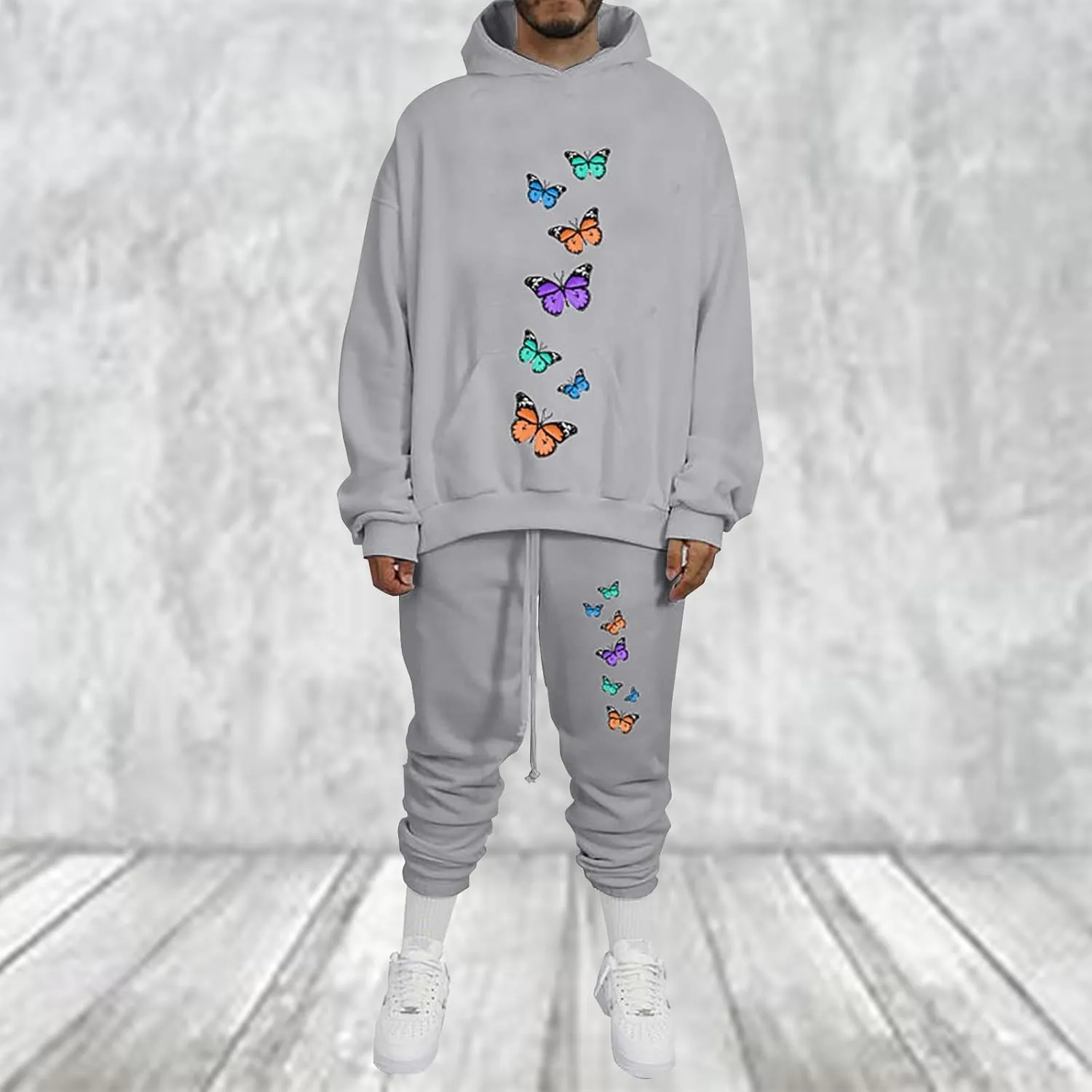 Men's Sweatsuits Butterfly Printed Long Sleeve Oversized Hooded Sweatshirt Tapered Bound Feet Pants Casual Streetwear