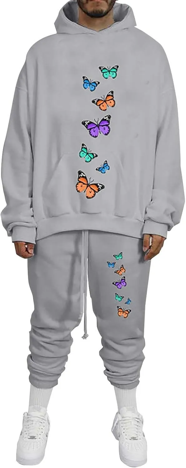 Men's Sweatsuits Butterfly Printed Long Sleeve Oversized Hooded Sweatshirt Tapered Bound Feet Pants Casual Streetwear