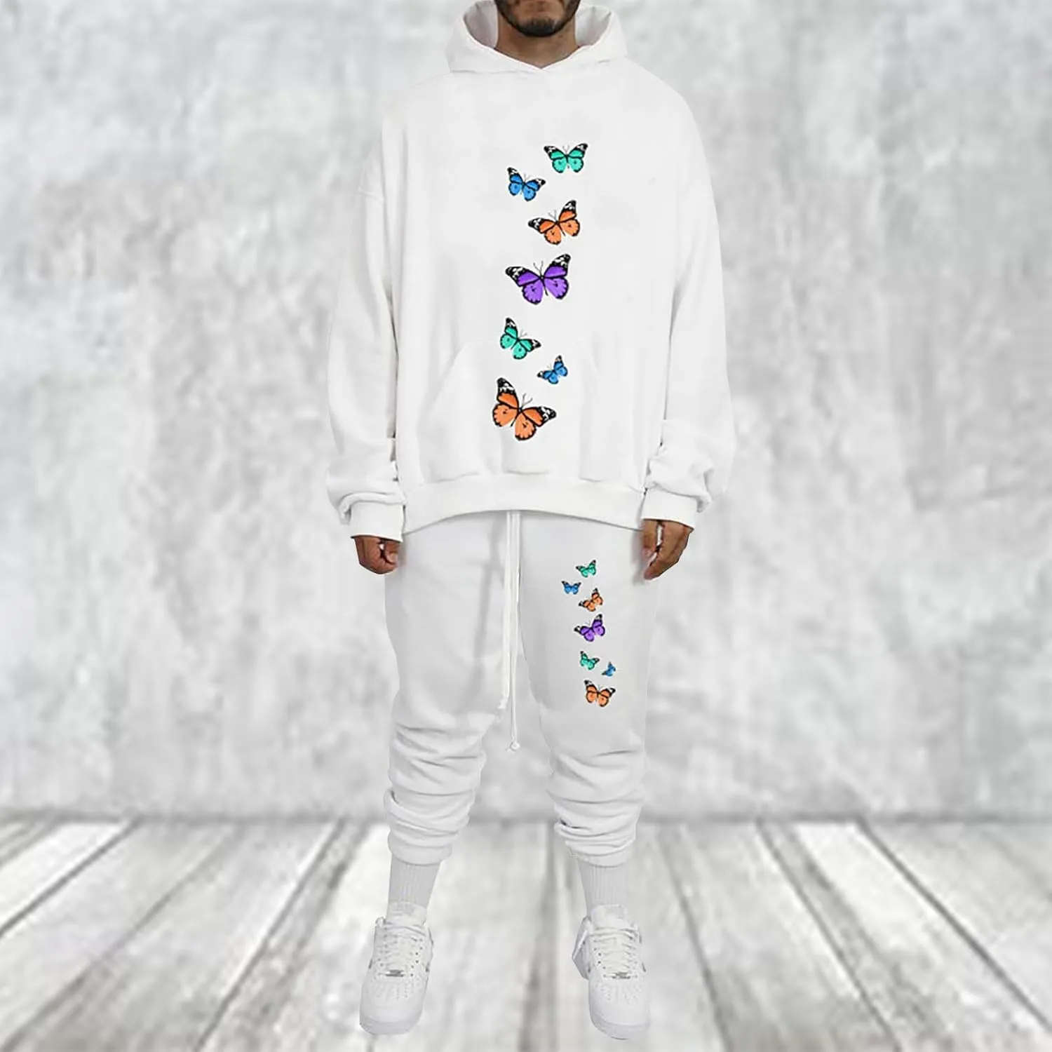 Men's Sweatsuits Butterfly Printed Long Sleeve Oversized Hooded Sweatshirt Tapered Bound Feet Pants Casual Streetwear