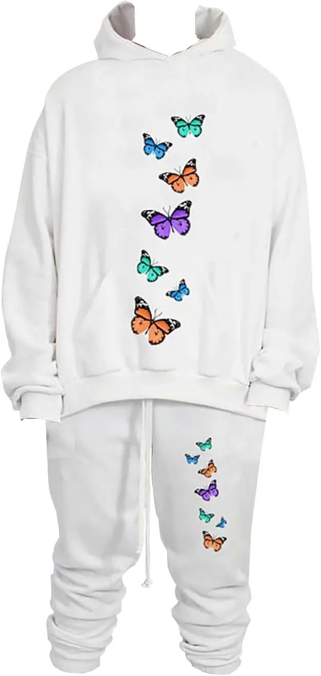 Men's Sweatsuits Butterfly Printed Long Sleeve Oversized Hooded Sweatshirt Tapered Bound Feet Pants Casual Streetwear
