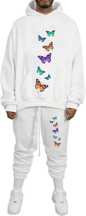 Men's Sweatsuits Butterfly Printed Long Sleeve Oversized Hooded Sweatshirt Tapered Bound Feet Pants Casual Streetwear