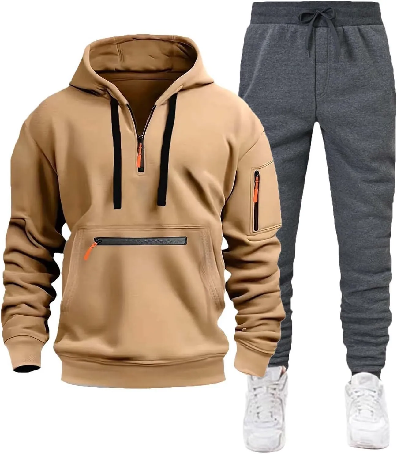 Mens Tracksuits 2 Piece Zipper Long Sleeve Sweatshirt Hoodie Drawstring Jogging Pants Workout Running Active Outfits