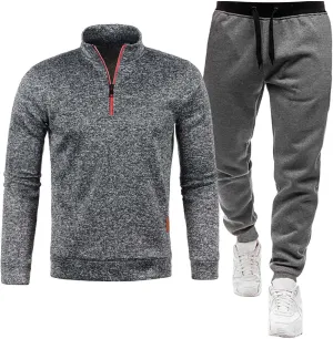 Mens Winter Spring Set Quarter Zip Mock Neck Long Sleeve Polo Sweatshirts Jogger Pants Fashion Workout Sport Outfits