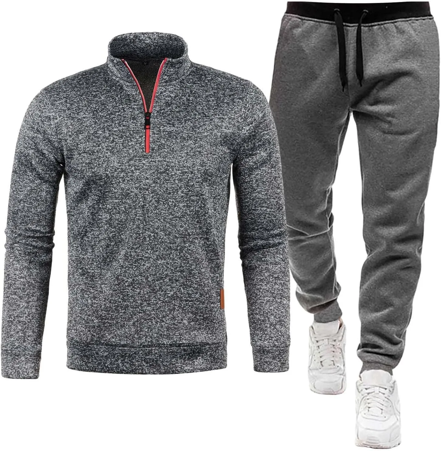 Mens Winter Spring Set Quarter Zip Mock Neck Long Sleeve Polo Sweatshirts Jogger Pants Fashion Workout Sport Outfits