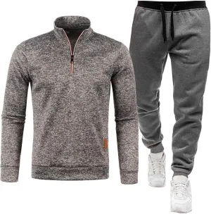 Mens Winter Spring Set Quarter Zip Mock Neck Long Sleeve Polo Sweatshirts Jogger Pants Fashion Workout Sport Outfits