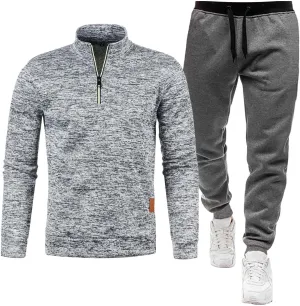 Mens Winter Spring Set Quarter Zip Mock Neck Long Sleeve Polo Sweatshirts Jogger Pants Fashion Workout Sport Outfits