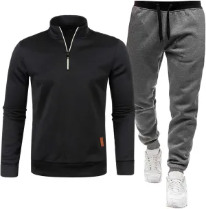 Mens Winter Spring Set Quarter Zip Mock Neck Long Sleeve Polo Sweatshirts Jogger Pants Fashion Workout Sport Outfits