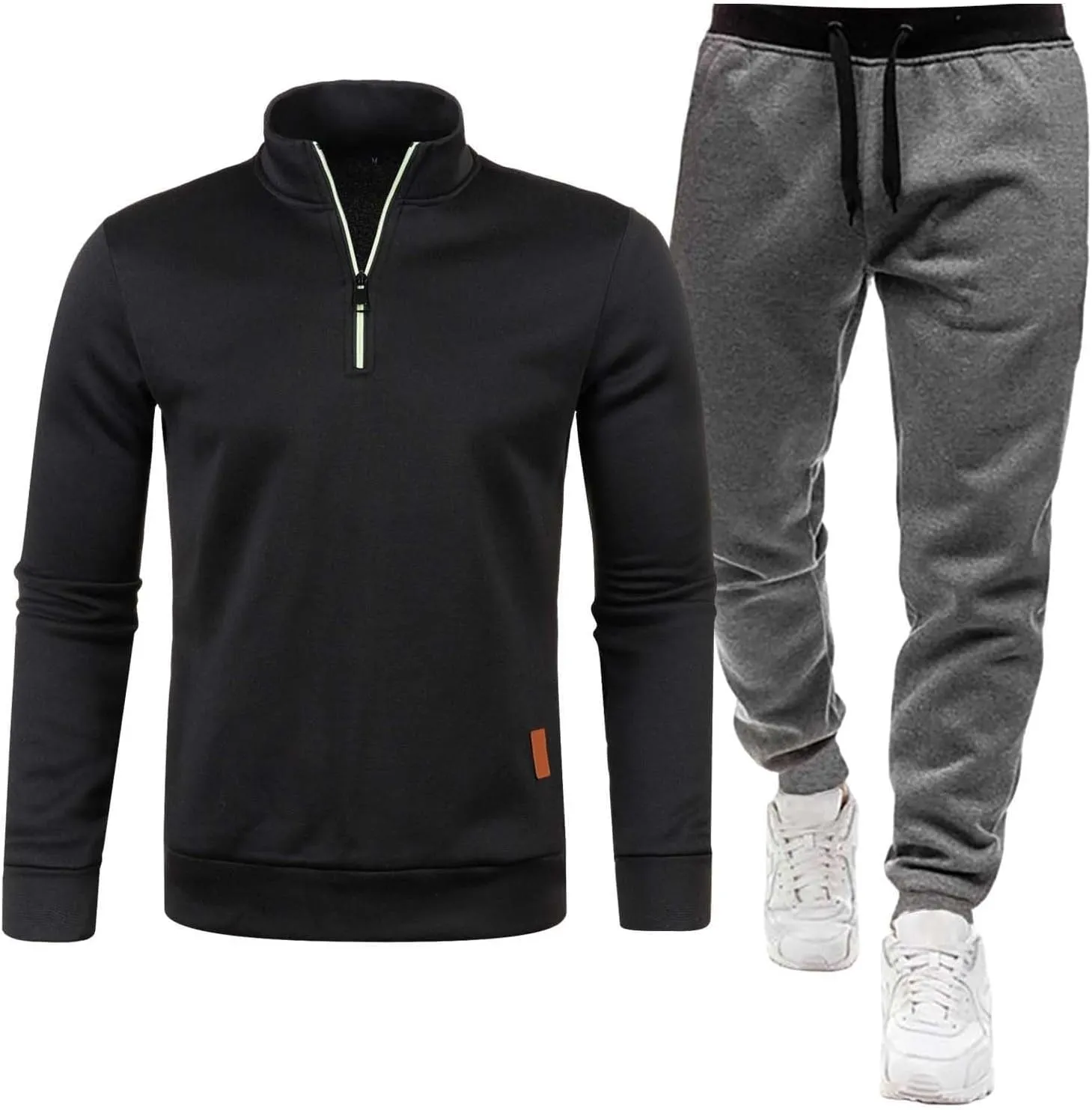 Mens Winter Spring Set Quarter Zip Mock Neck Long Sleeve Polo Sweatshirts Jogger Pants Fashion Workout Sport Outfits