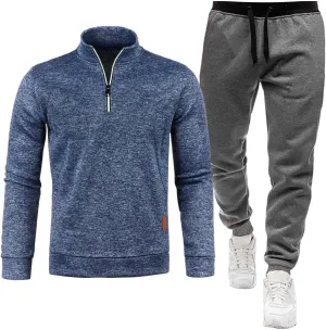 Mens Winter Spring Set Quarter Zip Mock Neck Long Sleeve Polo Sweatshirts Jogger Pants Fashion Workout Sport Outfits