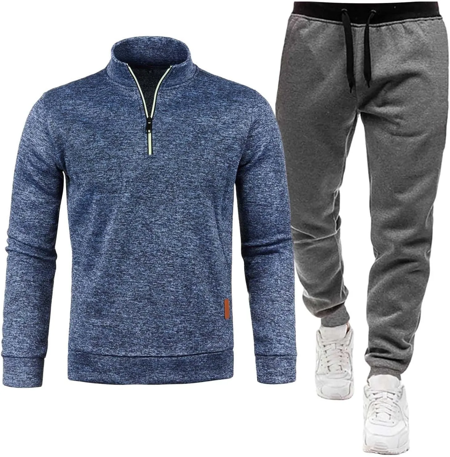 Mens Winter Spring Set Quarter Zip Mock Neck Long Sleeve Polo Sweatshirts Jogger Pants Fashion Workout Sport Outfits