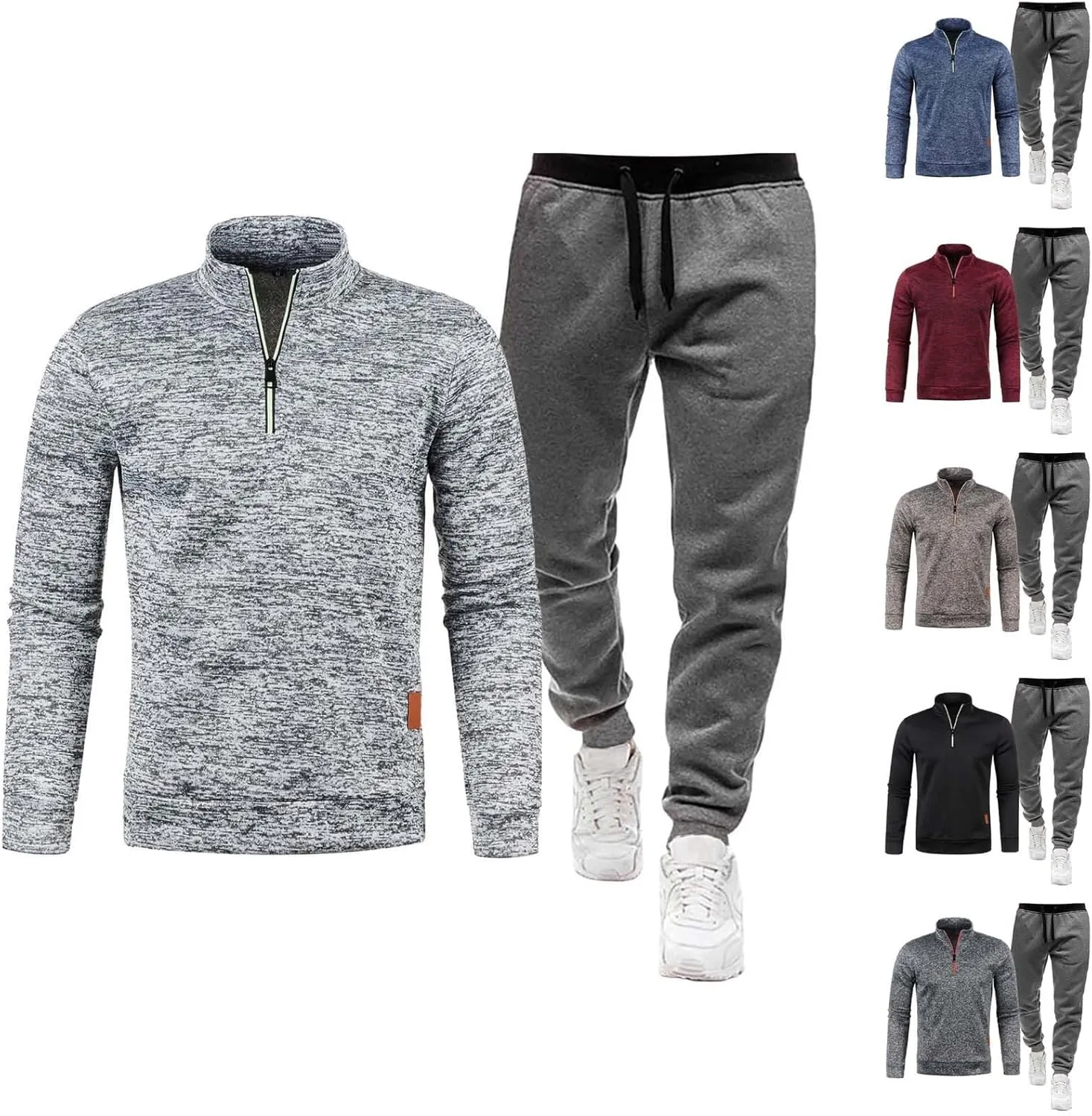 Mens Winter Spring Set Quarter Zip Mock Neck Long Sleeve Polo Sweatshirts Jogger Pants Fashion Workout Sport Outfits