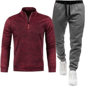 Mens Winter Spring Set Quarter Zip Mock Neck Long Sleeve Polo Sweatshirts Jogger Pants Fashion Workout Sport Outfits