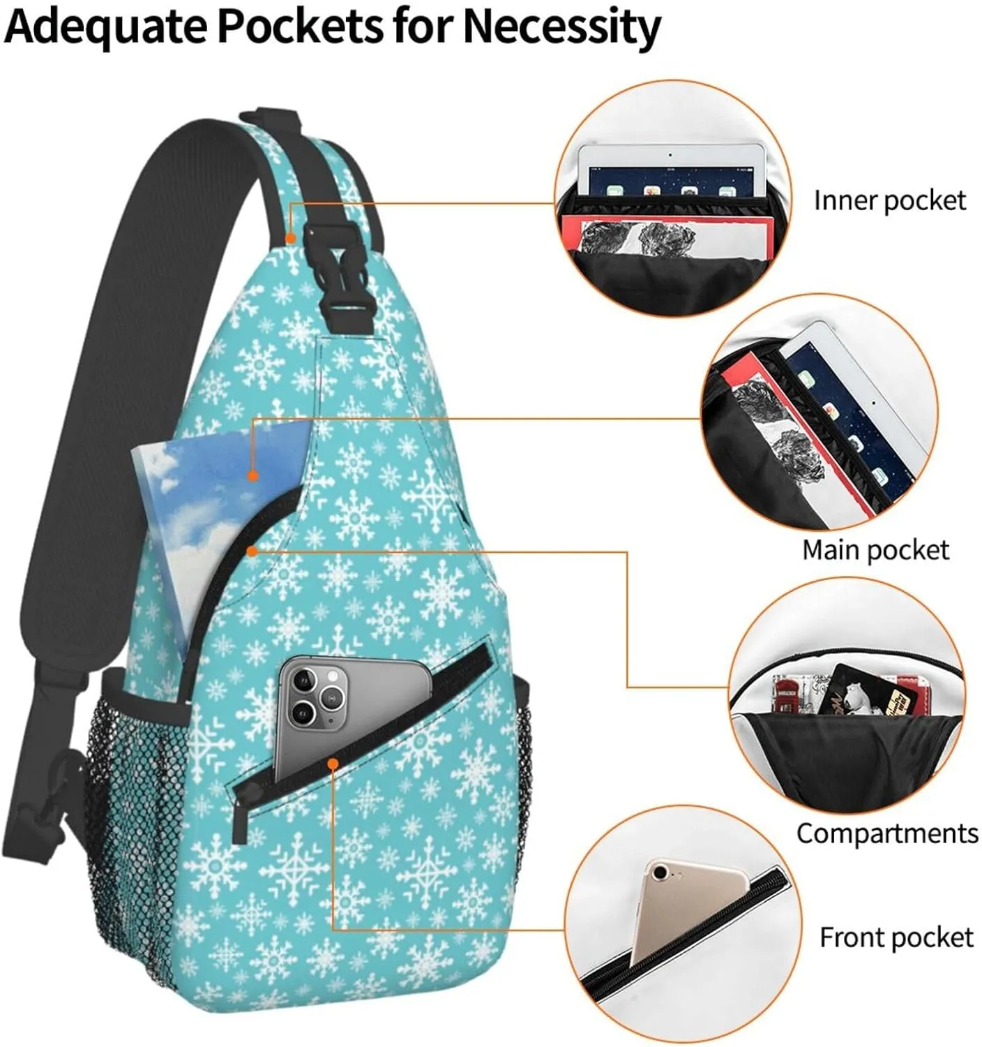 Merry Christmas White Snowflakes Green Cross Chest Bag Diagonally Hiking Crossbody Bag Travel Shoulder Daypack Lightweight Sling Backpack Cycling Daypacks Fitness Chest Backpacks