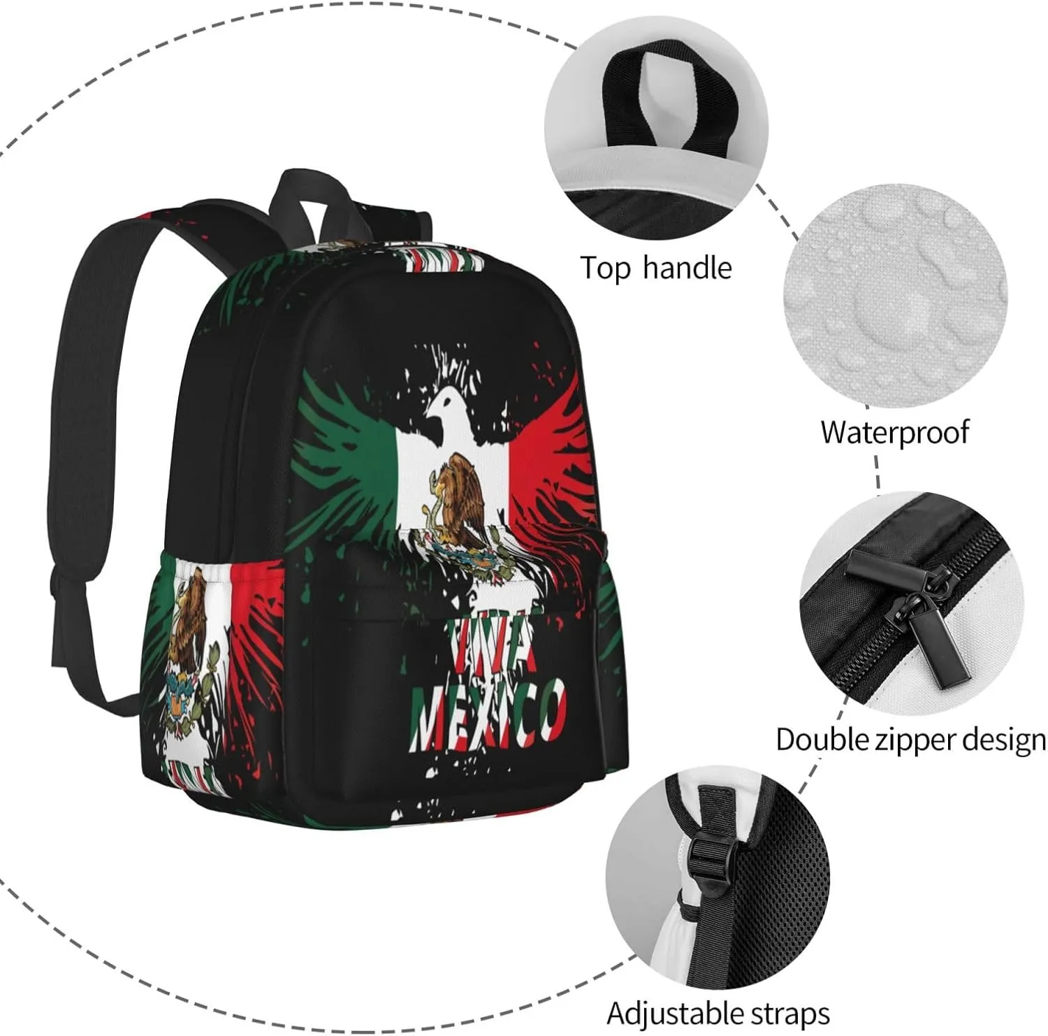 Mexico Eagle Mexican Mx National Flags Laptop Commuter Backpack Shoulder Bag Casual Back Pack Daypack Bags With Side Pockets For Work Travel Daily Use