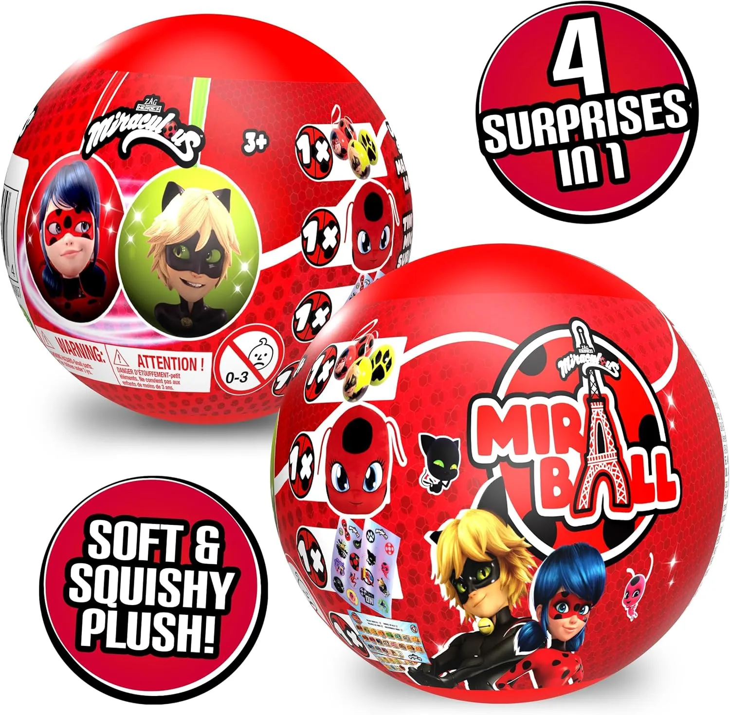 Miraculous Ladybug, 4-1 Surprise Miraball, Toys for Kids with Collectible Character Metal Ball, Kwami Plush, Glittery Stickers and White Ribbon (Wyncor)